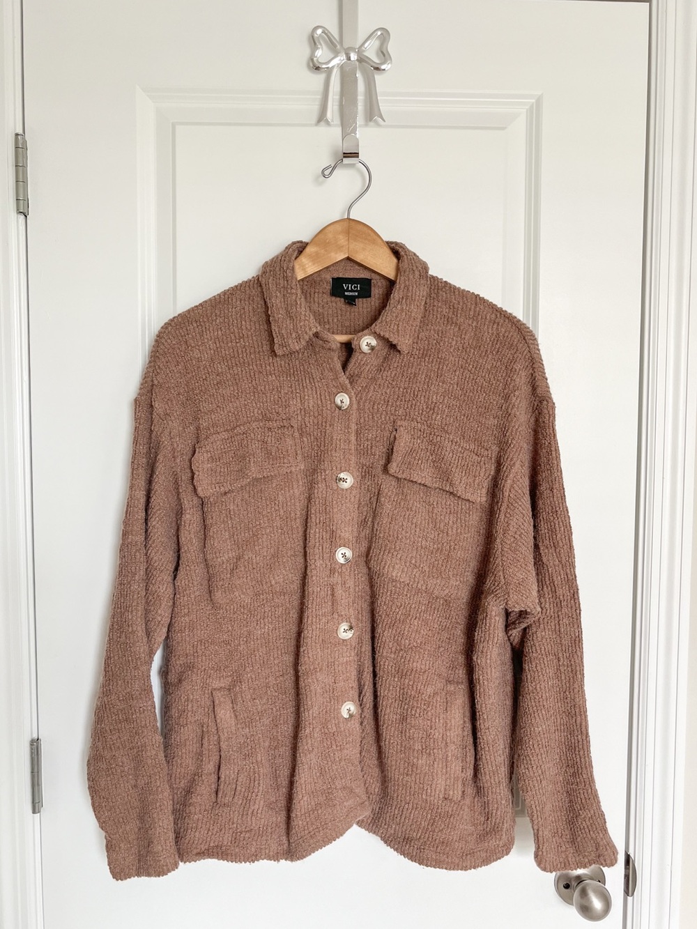 VICI Ribbed Knit Button Down Teddy Shacket - Picture 2 of 8